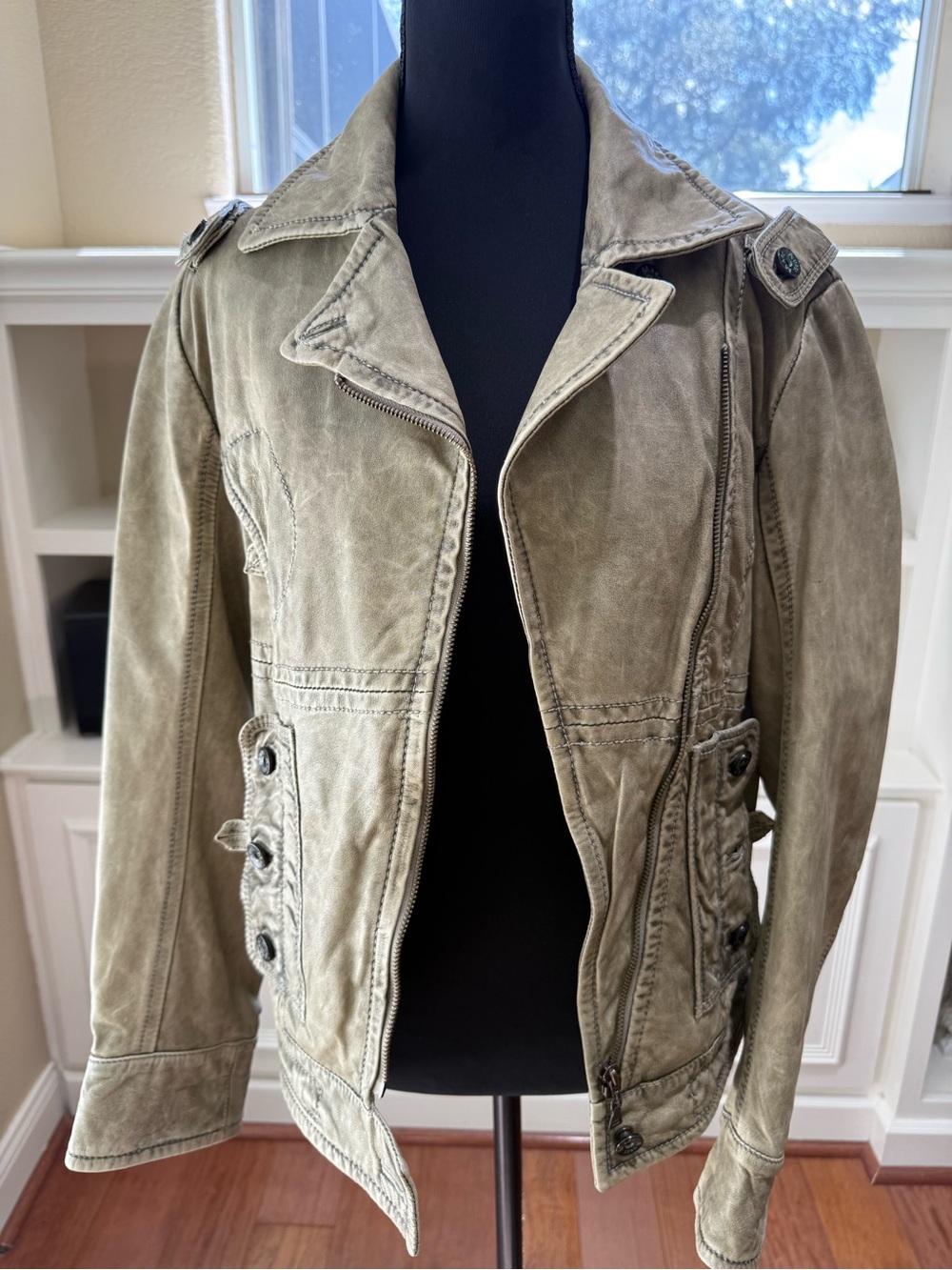 Real Leather Biker Jacket LG 38 Distressed Look Light Khaki Jacket - Classic